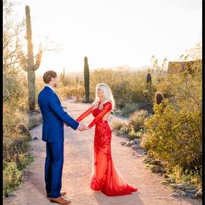 Mac Duggal long sleeve red dress